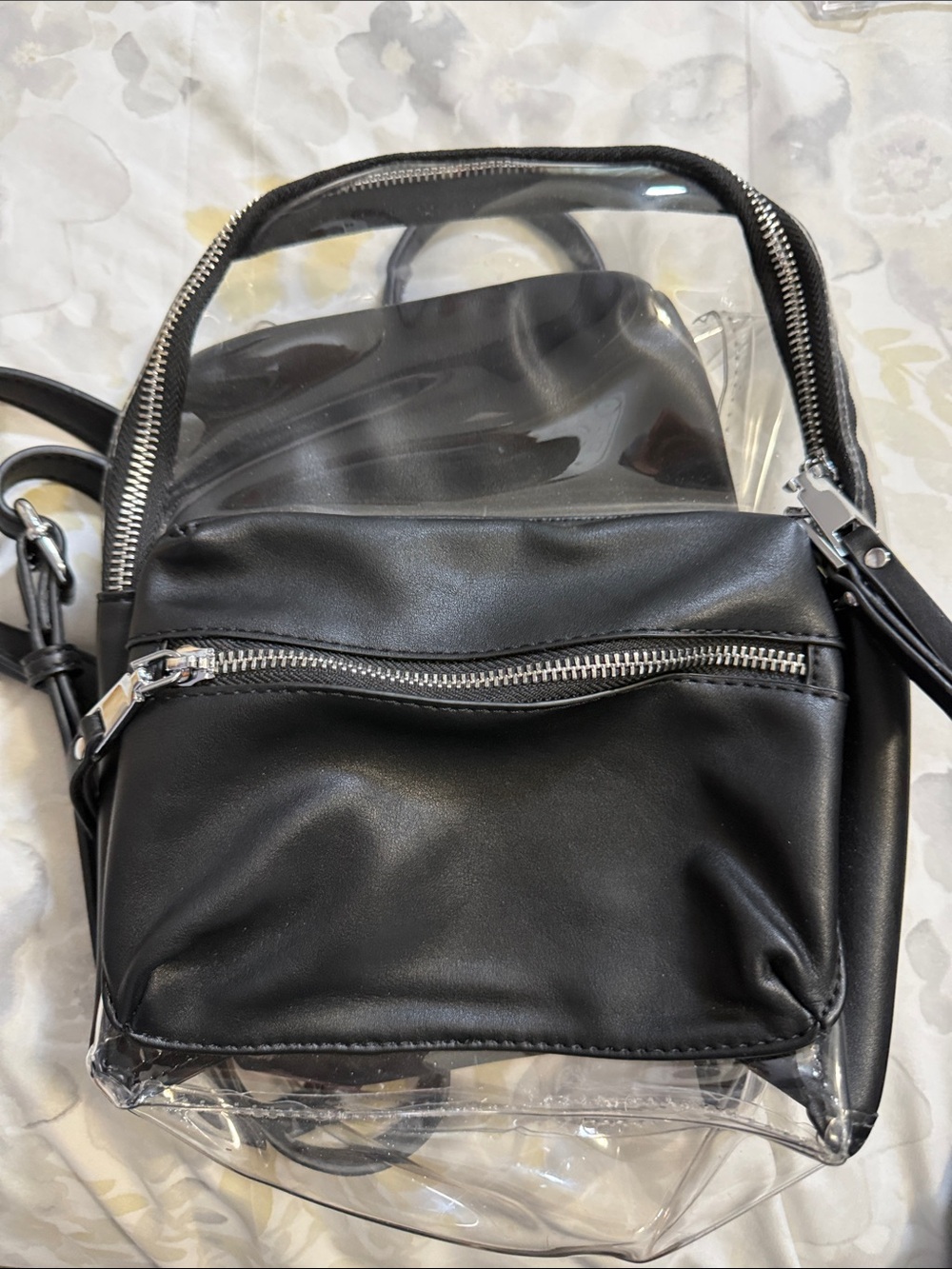 MMS Design Studio Black Clear PVC Mini Backpack with Faux Leather Pocket